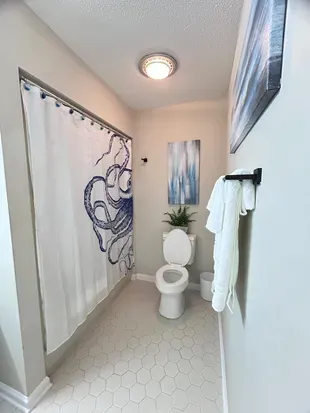 Bright coastal-style bathroom with hex tile and playful octopus shower curtain