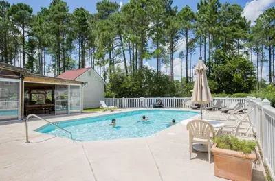 Private fenced pool, loungers & screened patio amid tall pines