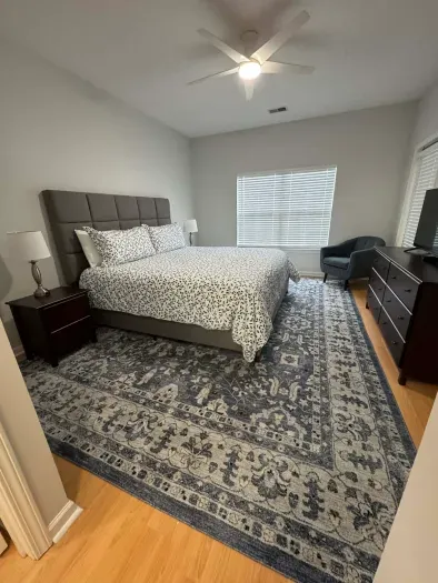 Serene king bedroom with plush rug, ceiling fan, TV, and cozy lounge chair.