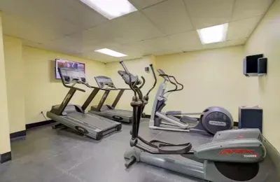 Bright on-site fitness room with treadmills, ellipticals, and cardio equipment