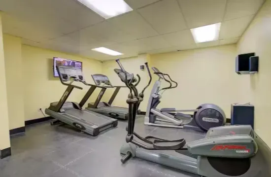 Bright on-site fitness room with treadmills, ellipticals, and cardio equipment