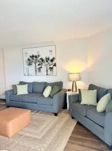 Cozy living room with twin sofas, warm lighting, and modern decor
