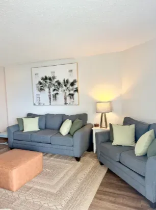 Cozy living room with twin sofas, warm lighting, and modern decor