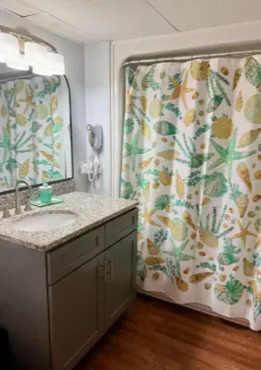 Bright bathroom with granite vanity and cheerful tropical shower curtain