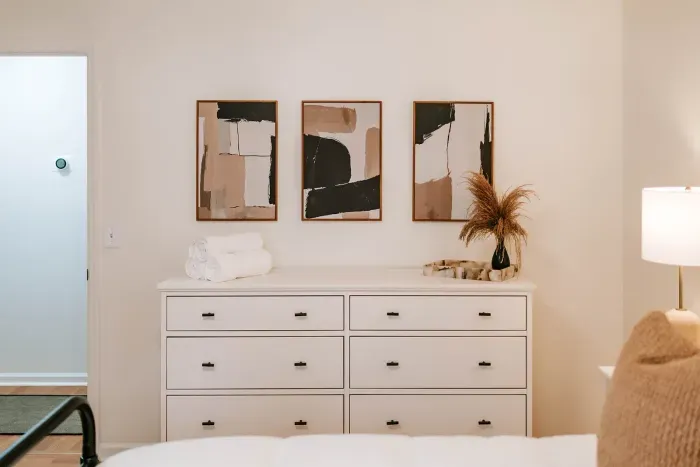 Clean, modern storage paired with curated decor for a calm, uncluttered feel.