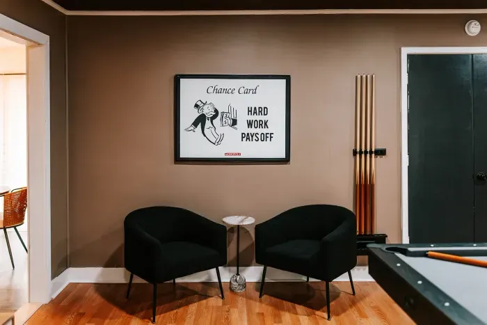 Cozy seating area perfect for watching the game or unwinding between rounds.