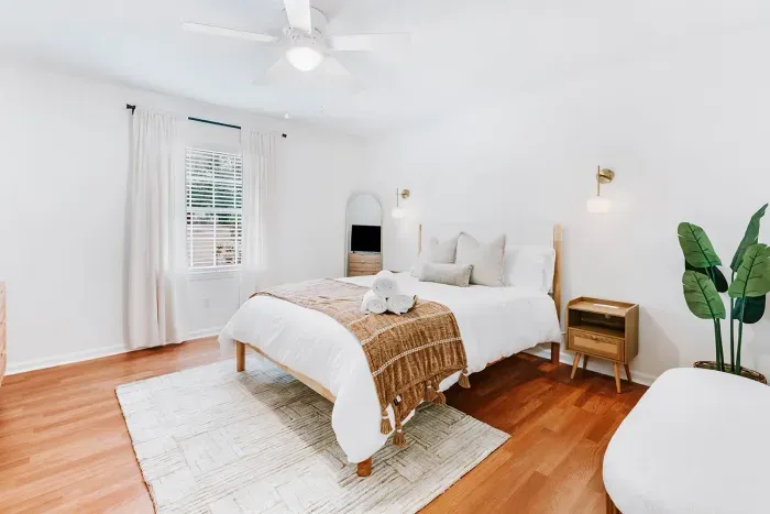 Bright, calming bedroom designed for restful sleep, soft textures, and a peaceful start to every morning.