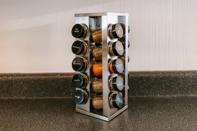 Well-stocked spice rack adds a thoughtful touch for home-cooked meals.