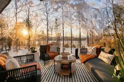 From inside the luxury dome,  breathtaking view of a tranquil lake. Soft, warm lighting adds a cozy touch, perfectly blending the serene outdoor scenery with the comfort of the dome's elegant interior.