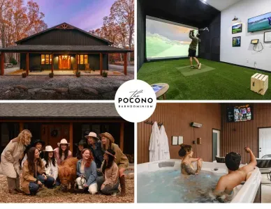 The Pocono Barndominium features a golf simulator, hot tub, fire pit, movie theater and modern luxury for groups of 14 near Jim Thorpe, perfect for celebrations. Highland Cow experience is an upgrade to your stay and subject to availability.
