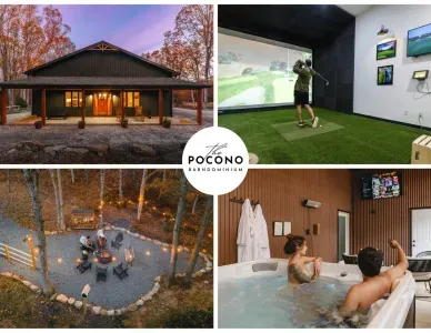 The Pocono Barndominium is a luxury, ADA-friendly retreat with a golf simulator, hot tub, home theater & fire pit. Just 10 min to downtown Jim Thorpe, close to major ski resort, lakes, trails & other Poconos attractions.