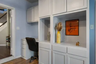 Work desk and cabinets.