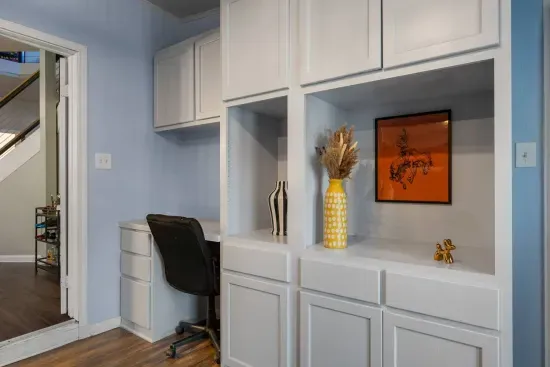 Work desk and cabinets.