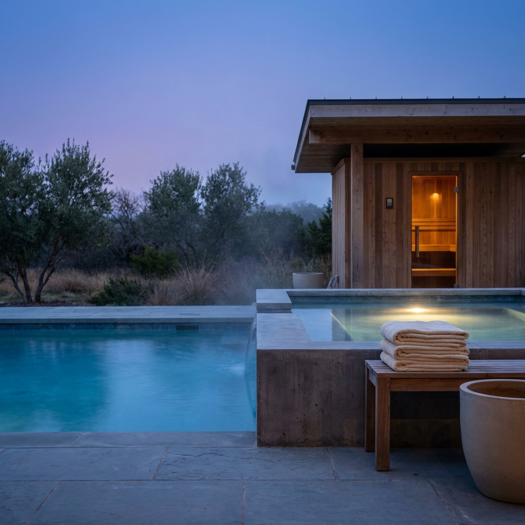 Outdoor sauna and pool at dusk