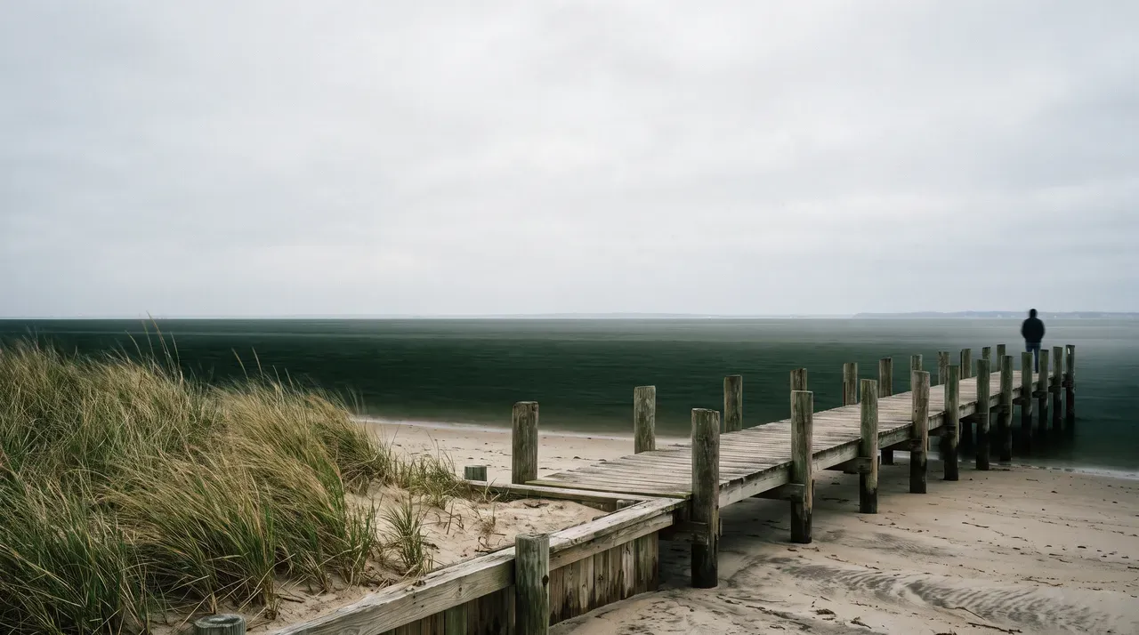Solitary figure on a wooden pier overlooking the sea