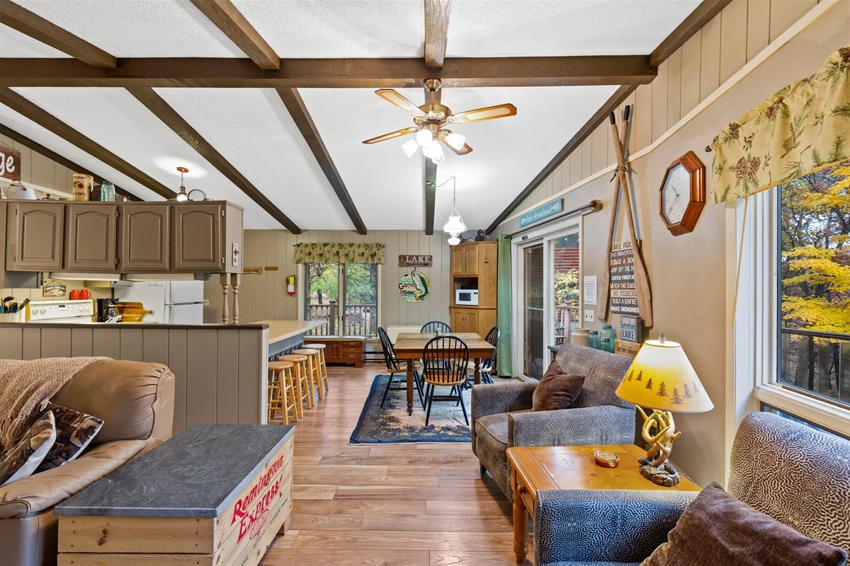 Open-concept lake cabin with exposed beams, kitchen, and rustic decor for Airbnb pricing strategy in Nekoosa, WI