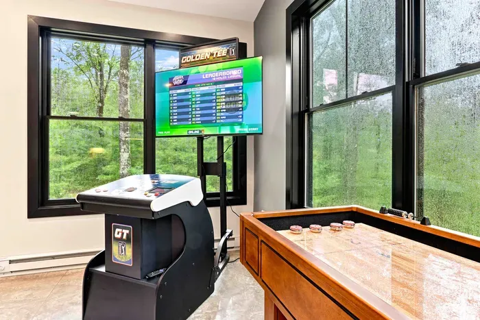Enjoy game-room fun with Golden Tee golf and shuffleboard surrounded by bright wooded views.
