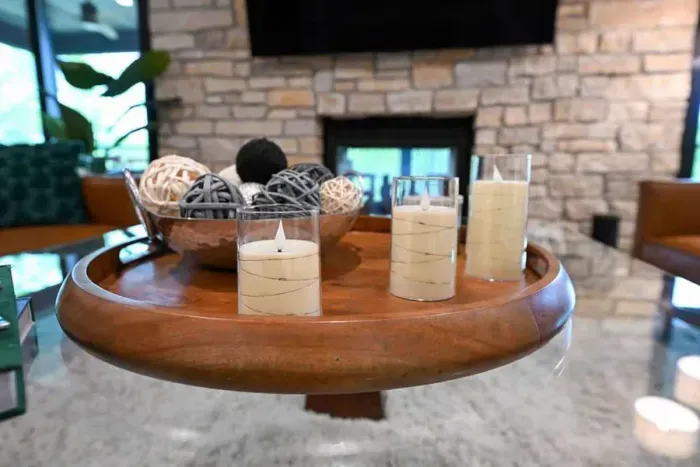 Circular table setup that invites games, drinks, or easy chats