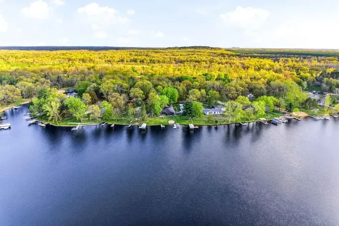 Stunning aerial lake view showcasing expansive shoreline, private docks, and a peaceful wooded backdrop.