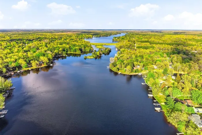 Expansive drone view capturing the lake, nearby docks, and the serene tree-lined neighborhood.