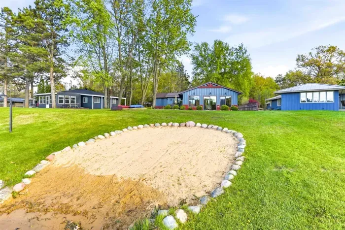 Spacious lakeside yard with a sandy beach area, open green space, and scenic views of the surrounding cottages and trees.