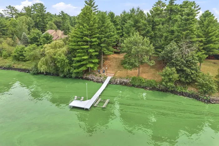 Enjoy complete privacy surrounded by a lush forest canopy, featuring your own private boat dock with seating extending into the calm, open waters.