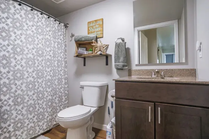 Spa-like bathroom with deluxe amenities and tub