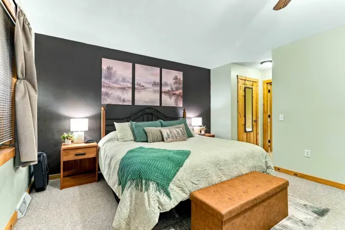 Indulge in cozy, resort-style bedding styled with rich textures and soothing colors. From the soft textured blanket to the nature-inspired sunset artwork overhead, peace and comfort come standard.