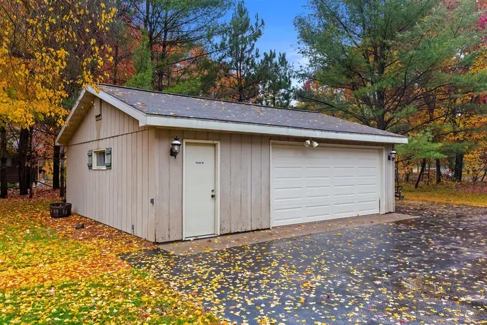 Cozy woodland cabin surrounded by vibrant fall foliage and mature trees