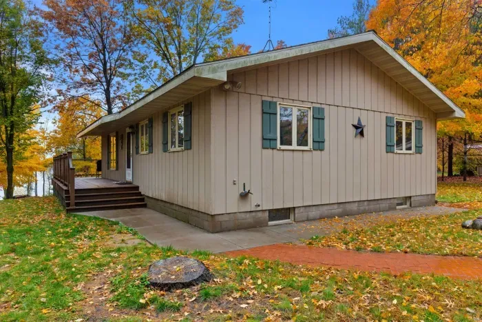 Charming cabin framed by colorful autumn leaves and peaceful nature