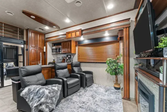 Cozy living area inside the camper - perfect for relaxing after a long day at Rancho Rio or exploring Wickenburg