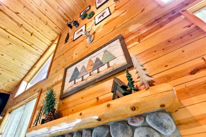 Soak in the warm cabin charm highlighted by a rustic stone fireplace with a handcrafted log mantel and woodland accents.