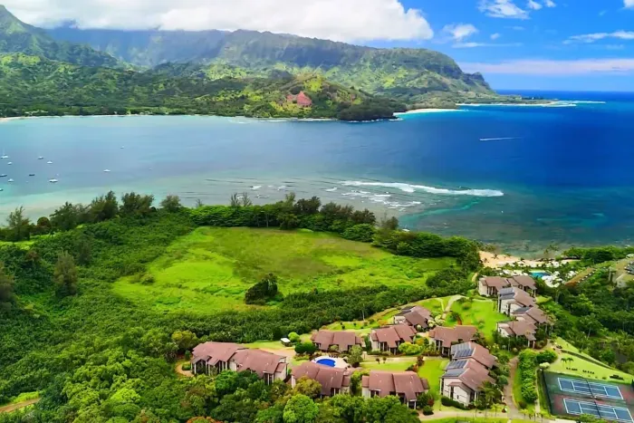 Ariel view of Hanalei Bay resort, Bali hai and the bay. Trace the path from the resort to the water to see the semi-private Pu’u Poa beach!  