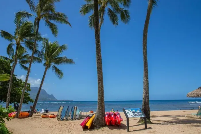 Puu Poa Beach (can be accessed by private walkway from Hanalei Bay Resort). It's serene with gentle waves. Perfect for a morning stroll or catching the evening sunsets. 