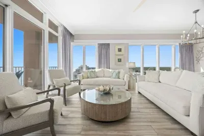 Living room with floor to ceiling windows