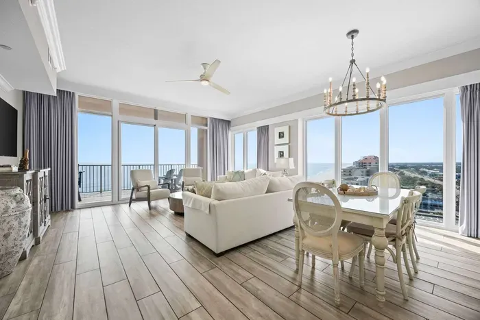 Living room flows into dining area