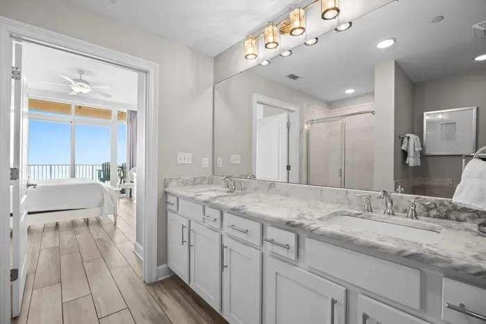 Primary bathroom with dual vanity