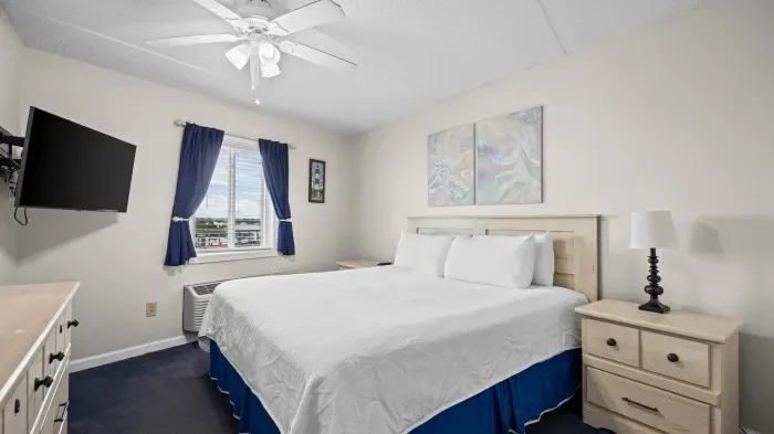 Primary bedroom with kind bed 