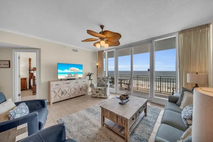 Living room with views of the Gulf of Mexico.
