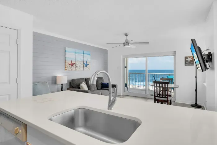 Kitchen overlooks living room