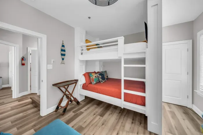 Second floor guest bedroom with queen over queen bunk