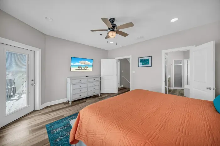 Second floor primary king suite with balcony and ensuite bathroom