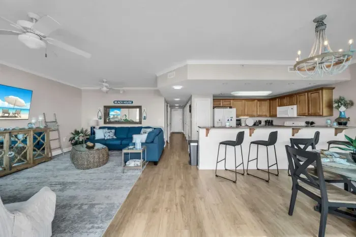 View of living and kitchen area from private balcony