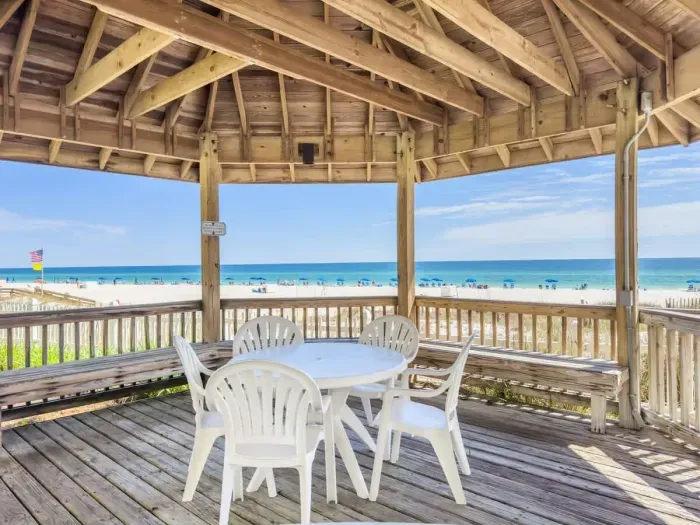 Well lit gazebo with outdoor seating