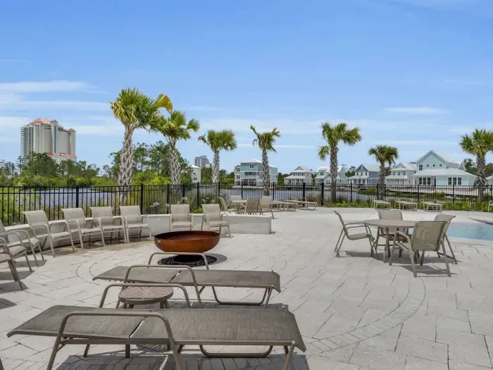 Community fire pit area near pool