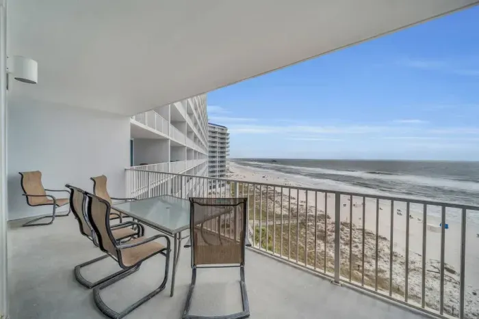 Furnished with a table and 6 chairs, the balcony becomes the perfect spot for early morning coffee and late afternoon cocktails, allowing you to soak in the beauty of the beach and Gulf below.