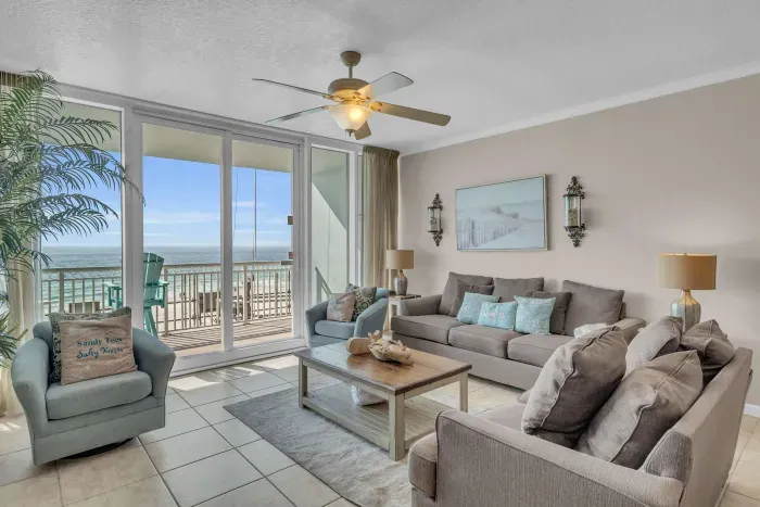 Living room has access to private balcony