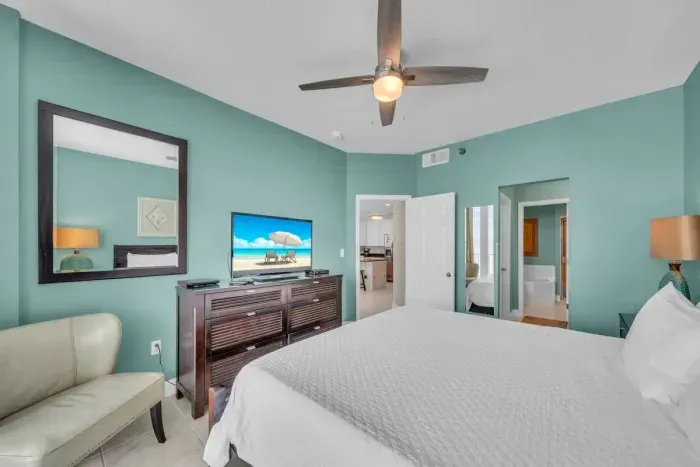 The Primary Bedroom with a 39' HD Flatscreen TV with DVD