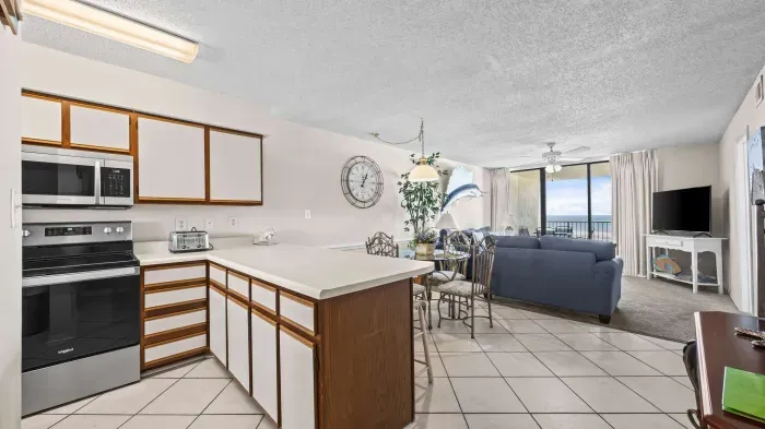 Kitchen overlooks living room