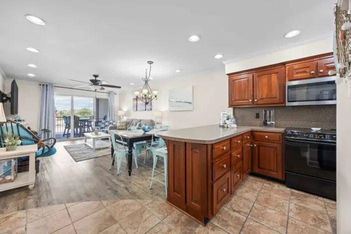 Kitchen overlooks dining and living room
